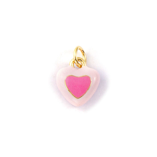 Image de 2 Pcs Breloques La Saint Valentin Respectueux de la Nature en Laiton Plaqué Or Véritable 18K Rose Émail Cœur 14mm x 10mm