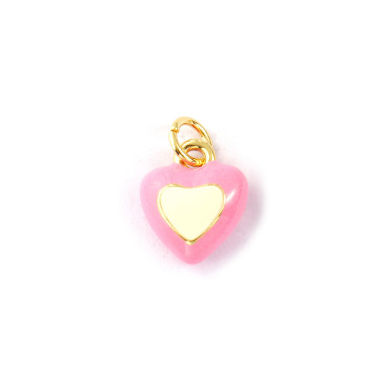 Image de 2 Pcs Breloques La Saint Valentin Respectueux de la Nature en Laiton Plaqué Or Véritable 18K Beige Émail Cœur 14mm x 10mm