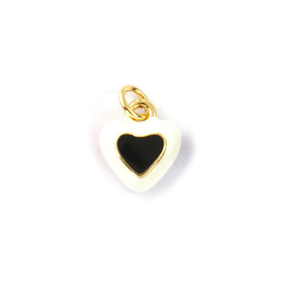 Image de 2 Pcs Breloques La Saint Valentin Respectueux de la Nature en Laiton Plaqué Or Véritable 18K Noir Émail Cœur 14mm x 10mm