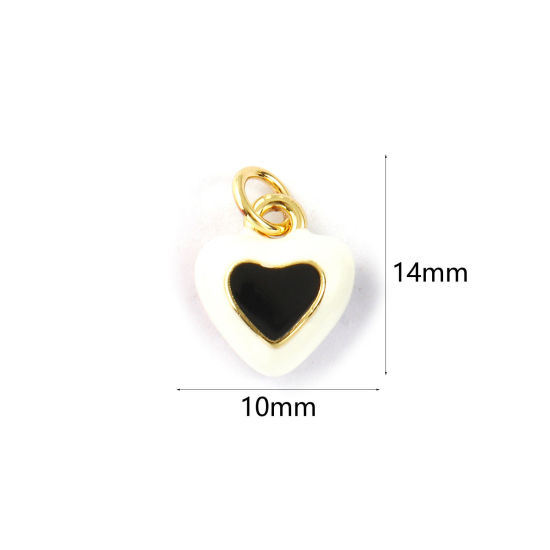 Image de 2 Pcs Breloques La Saint Valentin Respectueux de la Nature en Laiton Plaqué Or Véritable 18K Noir Émail Cœur 14mm x 10mm