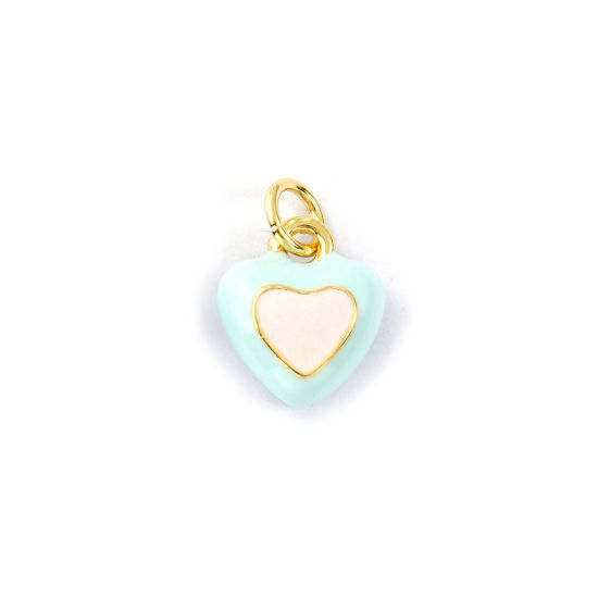 Image de 2 Pcs Breloques La Saint Valentin Respectueux de la Nature en Laiton Plaqué Or Véritable 18K Bleu Clair Émail Cœur 14mm x 10mm