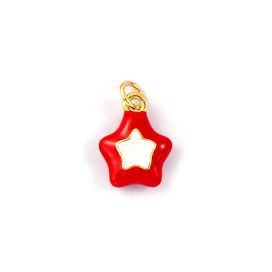 Image de 2 Pcs Breloques Galaxie Respectueux de la Nature en Laiton Plaqué Or Véritable 18K Rouge Émail Etoile 18mm x 11.5mm