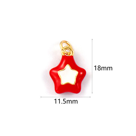 Image de 2 Pcs Breloques Galaxie Respectueux de la Nature en Laiton Plaqué Or Véritable 18K Rouge Émail Etoile 18mm x 11.5mm