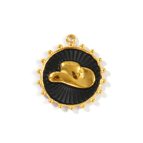 Picture of 2 PCs Eco-friendly PVD Vacuum Plating Waterproof Anti-Tarnish Hypoallergenic 304 Stainless Steel West Cowboy Charms 18K Real Gold Plated Black Round Disc Hat Painted 29mm x 26mm