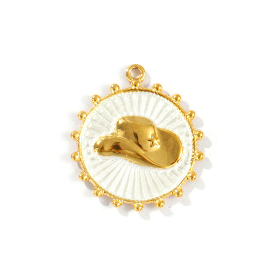 Picture of 2 PCs Eco-friendly PVD Vacuum Plating Waterproof Anti-Tarnish Hypoallergenic 304 Stainless Steel West Cowboy Charms 18K Real Gold Plated White Round Disc Hat Painted 29mm x 26mm