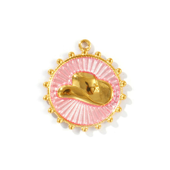 Picture of 2 PCs Eco-friendly PVD Vacuum Plating Waterproof Anti-Tarnish Hypoallergenic 304 Stainless Steel West Cowboy Charms 18K Real Gold Plated Pink Round Disc Hat Painted 29mm x 26mm
