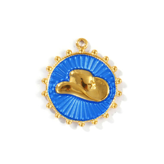 Picture of 2 PCs Eco-friendly PVD Vacuum Plating Waterproof Anti-Tarnish Hypoallergenic 304 Stainless Steel West Cowboy Charms 18K Real Gold Plated Blue Round Disc Hat Painted 29mm x 26mm