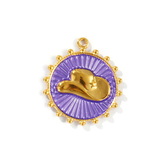 Picture of 2 PCs Eco-friendly PVD Vacuum Plating Waterproof Anti-Tarnish Hypoallergenic 304 Stainless Steel West Cowboy Charms 18K Real Gold Plated Purple Round Disc Hat Painted 29mm x 26mm