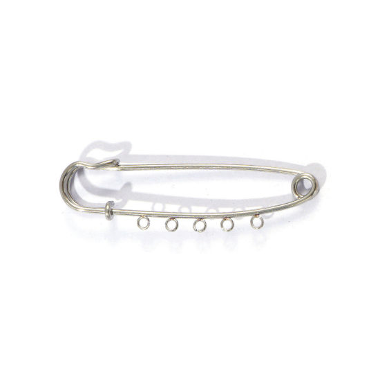 Picture of 5 PCs Eco-friendly 304 Stainless Steel Safety Pin Brooches Silver Tone With Loop 7.5cm x 2.1cm