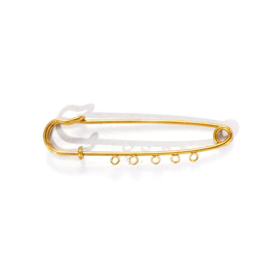Picture of 5 PCs Vacuum Plating 304 Stainless Steel Safety Pin Brooches 18K Gold Plated With Loop 7.5cm x 2.1cm