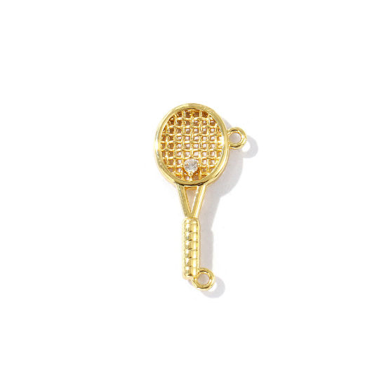 Imagen de 2 Unidades Latón Deporte Conectores Dijes Colgantes Chapado en Oro de 18K Raqueta de Tenis Micro Pave Claro Circón Artificial 24mm x 12mm