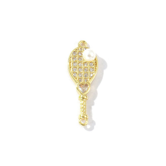 Imagen de 2 Unidades Latón Deporte Conectores Dijes Colgantes Chapado en Oro de 18K Raqueta de Tenis Corazón Acrílico Imitación de Perla Claro Circón Artificial 27mm x 9mm