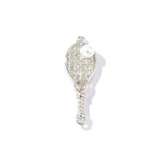 Imagen de 2 Unidades Latón Deporte Conectores Dijes Colgantes Platino Chapado Raqueta de Tenis Corazón Acrílico Imitación de Perla Claro Circón Artificial 27mm x 9mm