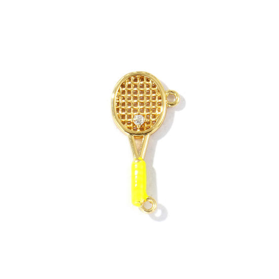 Imagen de 2 Unidades Latón Deporte Conectores Dijes Colgantes Chapado en Oro de 18K Amarillo Fluorescente Esmalte Raqueta de Tenis Claro Circón Artificial 24mm x 12mm
