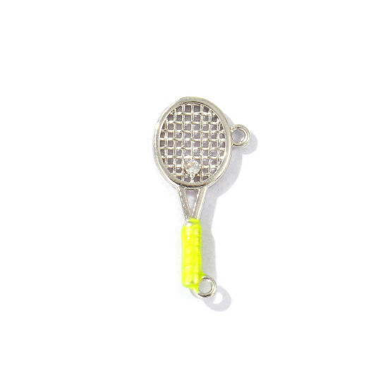 Imagen de 2 Unidades Latón Deporte Conectores Dijes Colgantes Platino Chapado Amarillo Fluorescente Esmalte Raqueta de Tenis Claro Circón Artificial 24mm x 12mm