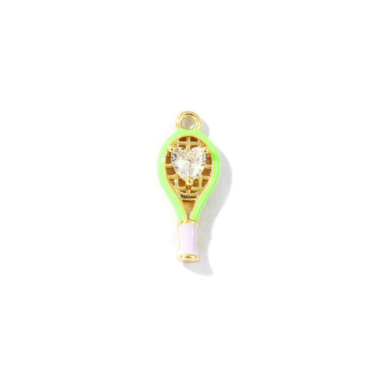 Imagen de 2 Unidades Latón Deporte Colgantes Chapado en Oro de 18K Verde Esmalte Raqueta de Tenis Corazón Claro Circón Artificial 18mm x 7mm