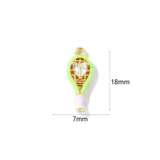 Imagen de 2 Unidades Latón Deporte Colgantes Chapado en Oro de 18K Verde Esmalte Raqueta de Tenis Corazón Claro Circón Artificial 18mm x 7mm