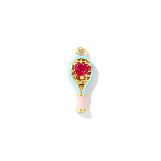 Imagen de 2 Unidades Latón Deporte Colgantes Chapado en Oro de 18K Azul Esmalte Raqueta de Tenis Corazón Fucsia Circón Artificial 18mm x 7mm