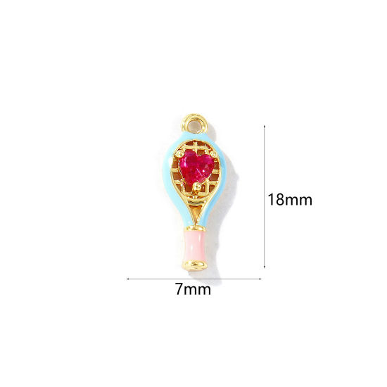 Imagen de 2 Unidades Latón Deporte Colgantes Chapado en Oro de 18K Azul Esmalte Raqueta de Tenis Corazón Fucsia Circón Artificial 18mm x 7mm