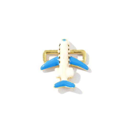 Bild von 2 Stück Messing Reise Steckverbinder Charms Anhänger 18K Vergoldet Blau Emaille Flugzeug 3D 22mm x 20mm