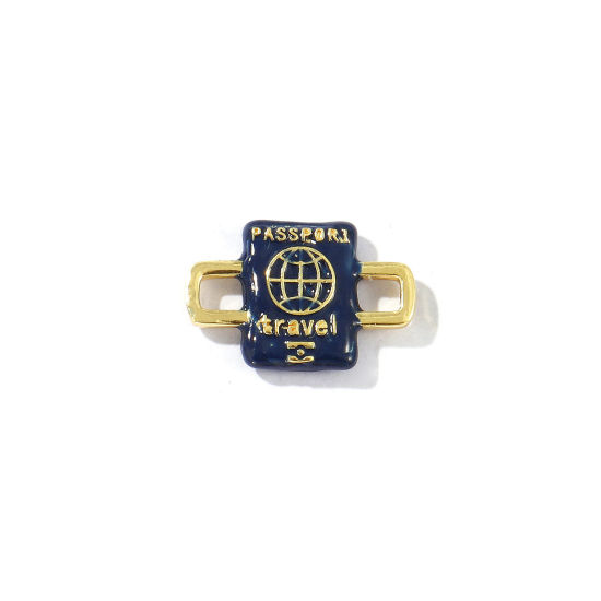 Bild von 2 Stück Messing Reise Steckverbinder Charms Anhänger 18K Vergoldet Dunkelblau Emaille Pass 3D 20mm x 14mm