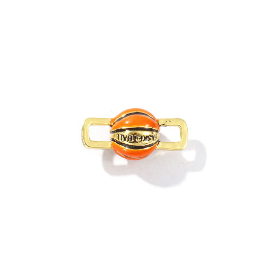 Bild von 2 Stück Messing Sport Steckverbinder Charms Anhänger 18K Vergoldet Orange Emaille Basketball 3D 21mm x 10mm