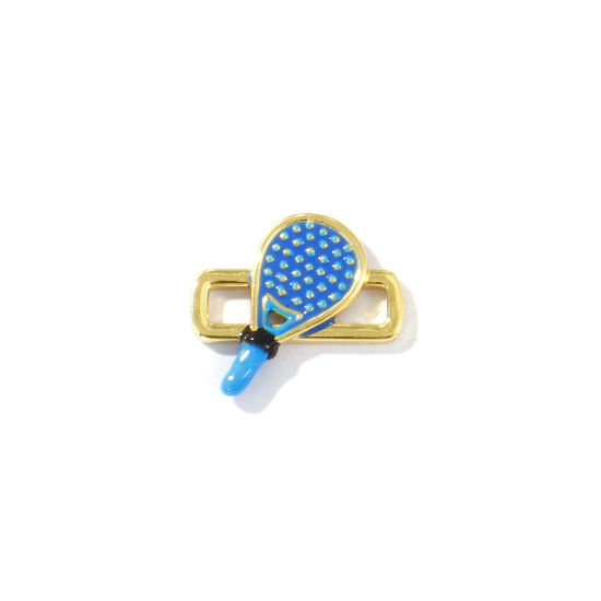 Bild von 2 Stück Messing Sport Steckverbinder Charms Anhänger 18K Vergoldet Blau Emaille Tennisschläger 3D 17mm x 15mm