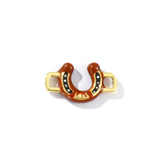 Bild von 2 Stück Messing West-Cowboy Steckverbinder Charms Anhänger 18K Vergoldet Kaffeebraun Emaille Hufeisen 3D 21mm x 12mm