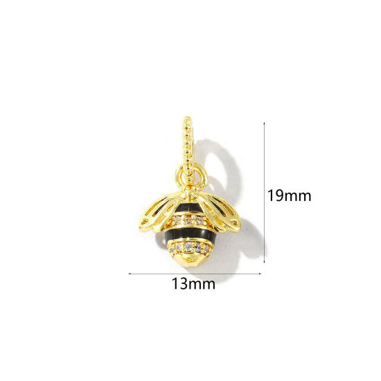 Изображение 2 ШТ Латунь Насекомое Подвески 18K позолоченный Черный С Эмалью Пчелы Трехмерный Прозрачный Искусственный Циркон 19мм x 13мм