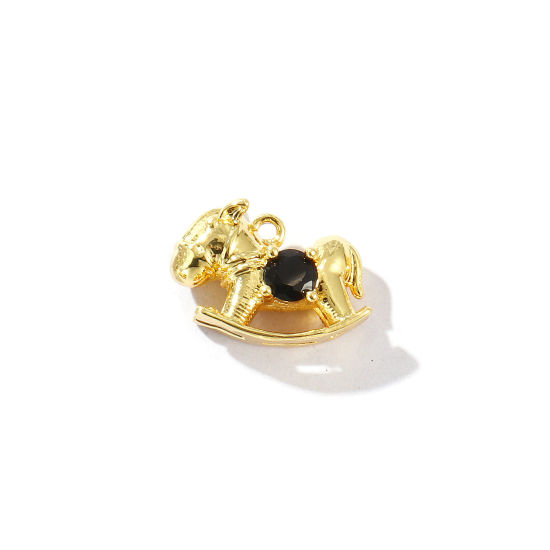 Immagine di 2 Pz Ottone Ciondoli Placcato Oro 18K Cavallo in Legno 3D Nero Strass 15mm x 11mm