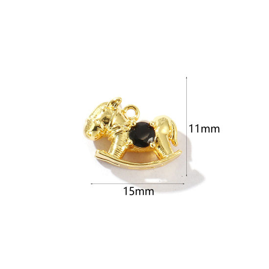 Immagine di 2 Pz Ottone Ciondoli Placcato Oro 18K Cavallo in Legno 3D Nero Strass 15mm x 11mm