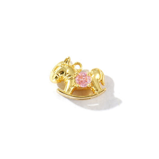 Immagine di 2 Pz Ottone Ciondoli Placcato Oro 18K Cavallo in Legno 3D Roso Strass 15mm x 11mm