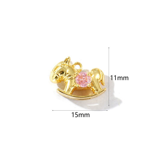 Immagine di 2 Pz Ottone Ciondoli Placcato Oro 18K Cavallo in Legno 3D Roso Strass 15mm x 11mm