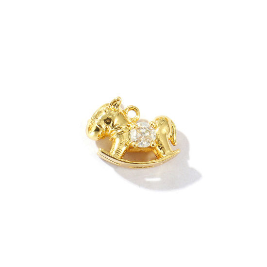 Immagine di 2 Pz Ottone Ciondoli Placcato Oro 18K Cavallo in Legno 3D Trasparente Strass 15mm x 11mm