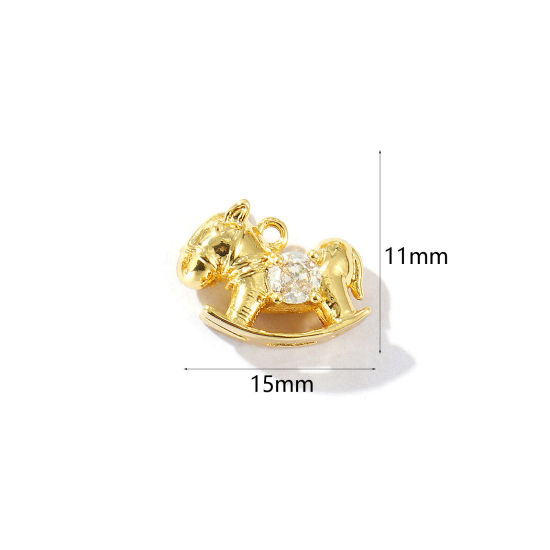 Immagine di 2 Pz Ottone Ciondoli Placcato Oro 18K Cavallo in Legno 3D Trasparente Strass 15mm x 11mm