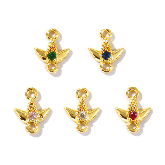 Imagen de 5 Unidades Latón Colección Flora Conectores Dijes Colgantes Chapado en Oro de 18K Hoja Color mezclado Rhinestone 8mm x 6.5mm