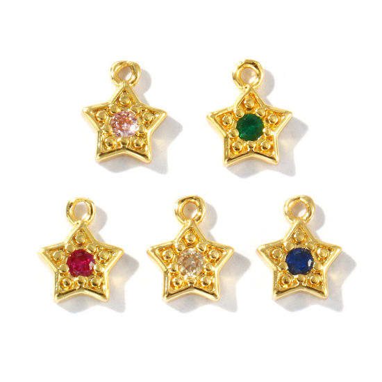 Imagen de 5 Unidades Latón Galaxia Colgantes Chapado en Oro de 18K Estrellas de cinco puntos Color mezclado Rhinestone 8mm x 6mm