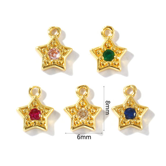 Imagen de 5 Unidades Latón Galaxia Colgantes Chapado en Oro de 18K Estrellas de cinco puntos Color mezclado Rhinestone 8mm x 6mm