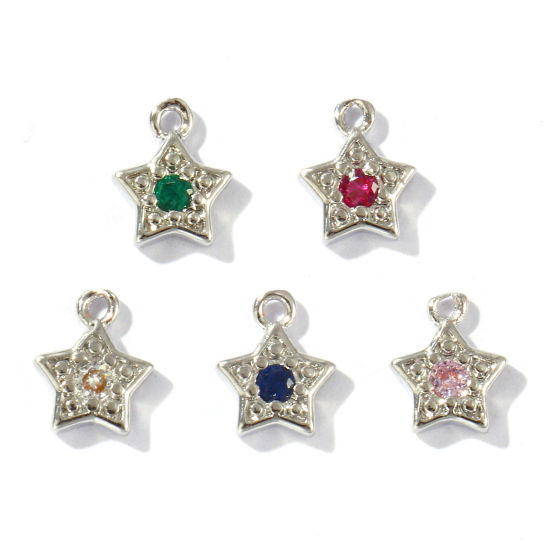 Imagen de 5 Unidades Latón Galaxia Colgantes Platino Chapado Estrellas de cinco puntos Color mezclado Rhinestone 8mm x 6mm