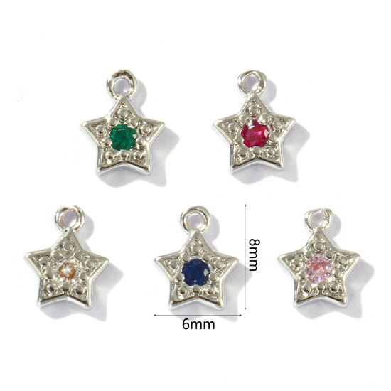 Imagen de 5 Unidades Latón Galaxia Colgantes Platino Chapado Estrellas de cinco puntos Color mezclado Rhinestone 8mm x 6mm