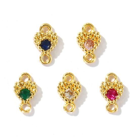 Imagen de 5 Unidades Latón día de San Valentín Conectores Dijes Colgantes Chapado en Oro de 18K Corazón Color mezclado Rhinestone 7mm x 4.5mm