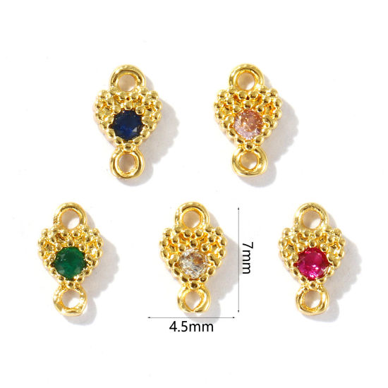 Imagen de 5 Unidades Latón día de San Valentín Conectores Dijes Colgantes Chapado en Oro de 18K Corazón Color mezclado Rhinestone 7mm x 4.5mm