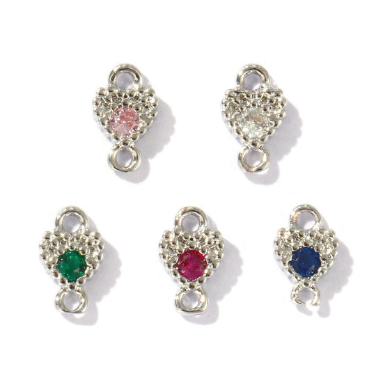Imagen de 5 Unidades Latón día de San Valentín Conectores Dijes Colgantes Platino Chapado Corazón Color mezclado Rhinestone 7mm x 4.5mm