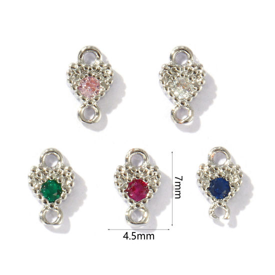 Imagen de 5 Unidades Latón día de San Valentín Conectores Dijes Colgantes Platino Chapado Corazón Color mezclado Rhinestone 7mm x 4.5mm