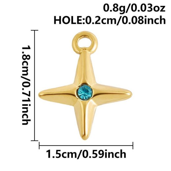 Imagen de 3 Unidades Recubrimiento al Vacío PVD Ecológico 304 Acero Inoxidable Colgantes Chapado en Oro de 18K Estrella Azul Rhinestone 18mm x 15mm