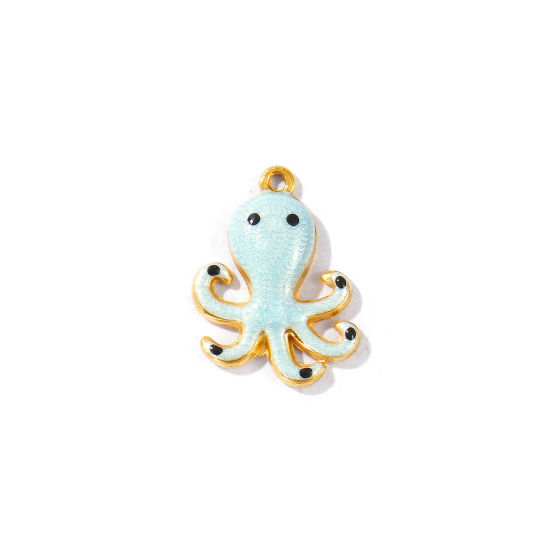 Picture of 5 PCs Eco-friendly PVD Vacuum Plating Waterproof Anti-Tarnish Hypoallergenic 304 Stainless Steel Ocean Jewelry Charms 18K Real Gold Plated Light Blue Enamel Octopus Pearlized 18mm x 14mm