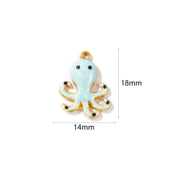 Picture of 5 PCs Eco-friendly PVD Vacuum Plating Waterproof Anti-Tarnish Hypoallergenic 304 Stainless Steel Ocean Jewelry Charms 18K Real Gold Plated Light Blue Enamel Octopus Pearlized 18mm x 14mm