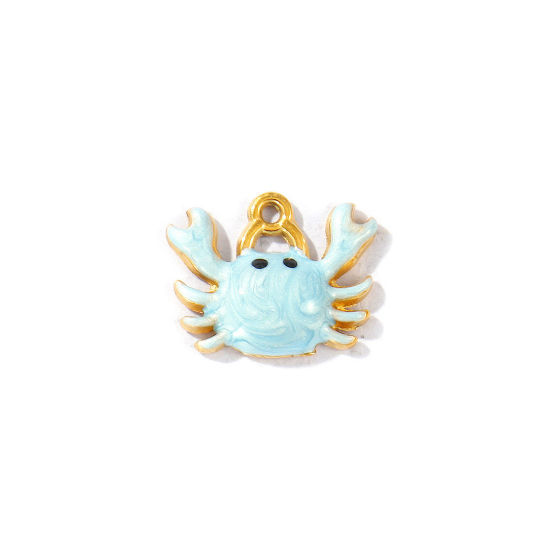 Picture of 5 PCs Eco-friendly PVD Vacuum Plating Waterproof Anti-Tarnish Hypoallergenic 304 Stainless Steel Ocean Jewelry Charms 18K Real Gold Plated Light Blue Enamel Crab Animal Pearlized 14mm x 11mm