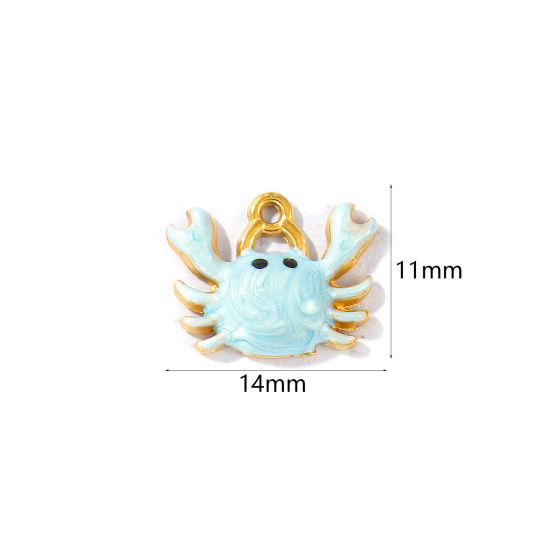 Picture of 5 PCs Eco-friendly PVD Vacuum Plating Waterproof Anti-Tarnish Hypoallergenic 304 Stainless Steel Ocean Jewelry Charms 18K Real Gold Plated Light Blue Enamel Crab Animal Pearlized 14mm x 11mm