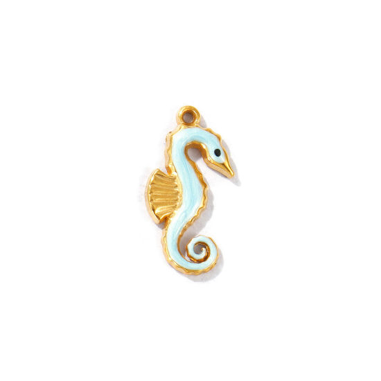 Picture of 5 PCs Eco-friendly PVD Vacuum Plating Waterproof Anti-Tarnish Hypoallergenic 304 Stainless Steel Ocean Jewelry Charms 18K Real Gold Plated Light Blue Enamel Seahorse Animal Pearlized 20mm x 10mm